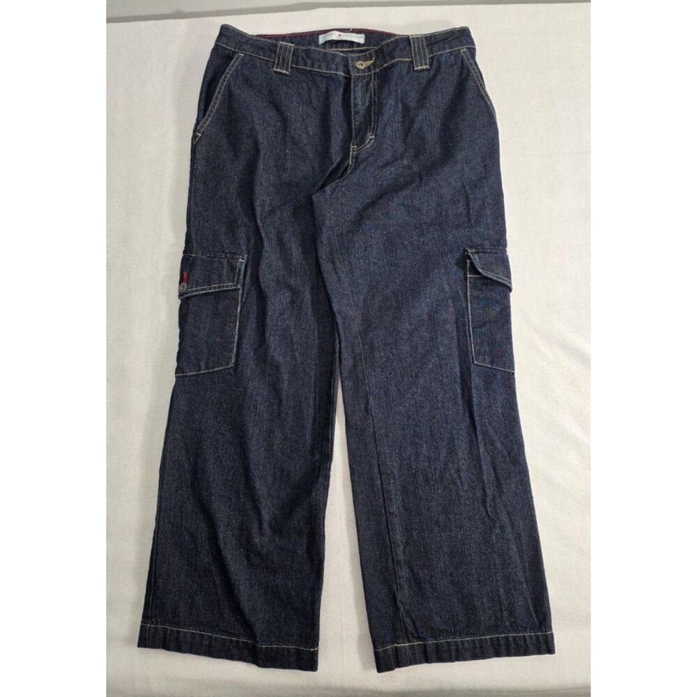 Vintage Tommy Hilfiger Womens 10 Dark Wash Y2K Denim Cargo Wide Leg Pants 2002